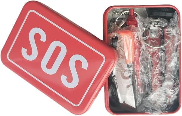 SOS-hätäselviytymispakkaus – monitoimipihdit, kompassi, pilli metallisessa säilytyslaatikossa (punainen)