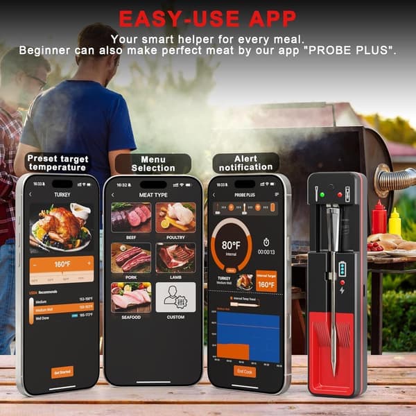Smart Bluetooth Stegetermometer Langdistance Trådløst Kødtermometer til Ovn Grill Rygning BBQ