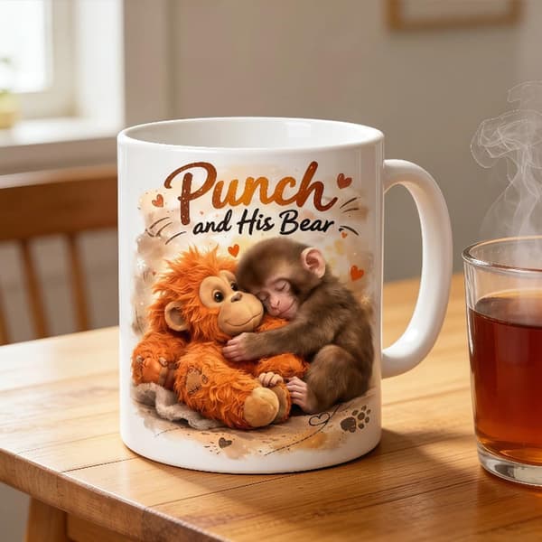 Punch Monkey Mugg, Punch and His Bear Mugg, Söt Apa Kaffemugg Nyhet Keramisk Kopp Present till Kaffeälskare