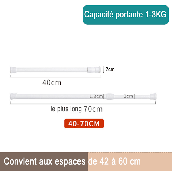 2-pack utdragbara gardinstänger, ingen borrning, utdragbara gardinstänger för dörrar och fönster kök badrum sovrum (40-70cm, vit)