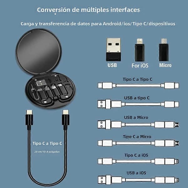 Multifunktionelt USB Type-C PD 60W Data- og Ladekabel til iPhone Xiaomi med Rejseetui, Opbevaringsadapter og Hurtigoplader Black