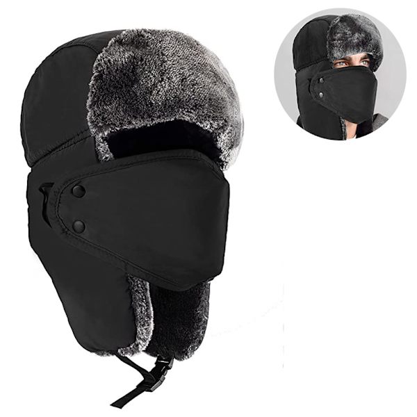 Varm Trapper-hatt för män Vinter Ryska hattar Jaktmössa med mask Svart