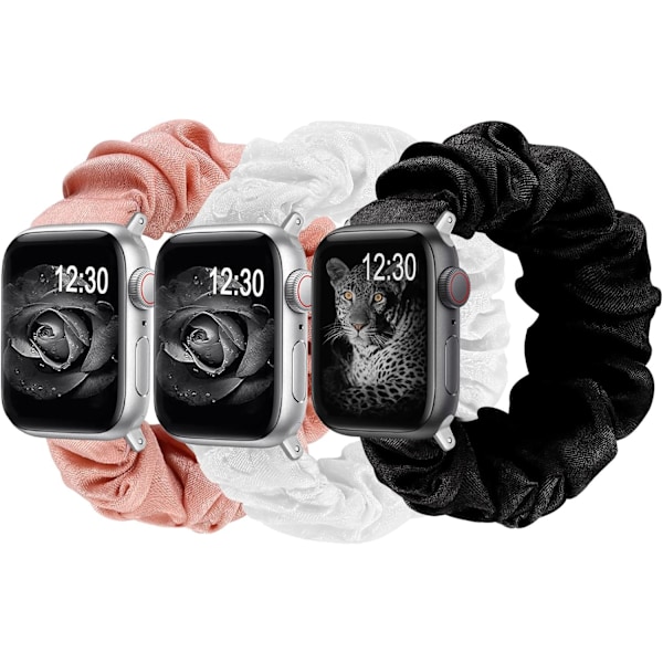 3-pack kompatibla med Apple Watch-band Scrunchies 38 mm tyg mjukt mönster tryckt tyg armband armband kvinnor IWatch elastiska Scrunchy-band