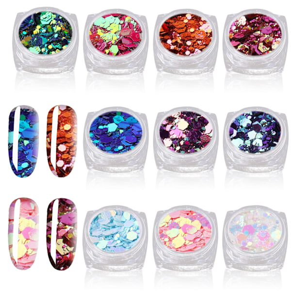 Holografiska nagelglitterpulver, 10 färger glitterset glitterpulver glitter iriserande flingor för naglar gel nagelflingor glitter nagelkonstset