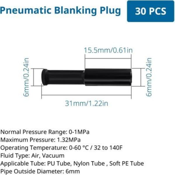 30 stk. 6 mm OD pneumatiske propper, push-in propper, pneumatiske propper i tætningsstil, til 6 mm rørforbindelsesfittings, sort