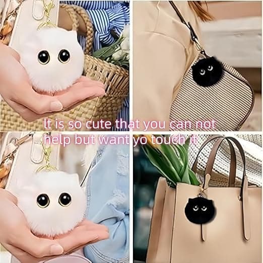 Sæt med 2 sorte kattenøgleringe, en perfekt gave til katteelskere med søde plysrygsækcharms og fluffy pom-pom nøgleringe.