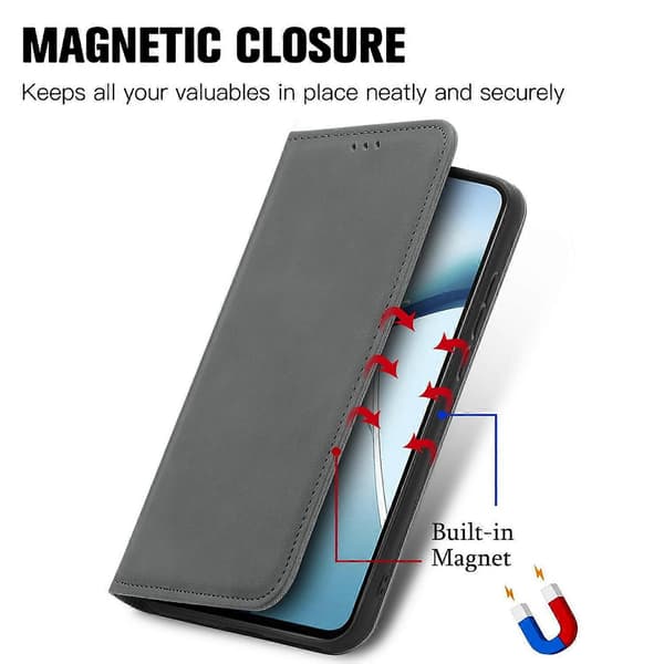 Lærfutteral med kortholder og magnetisk absorpsjon for Motorola Moto G56 5G Grå Grey Grey