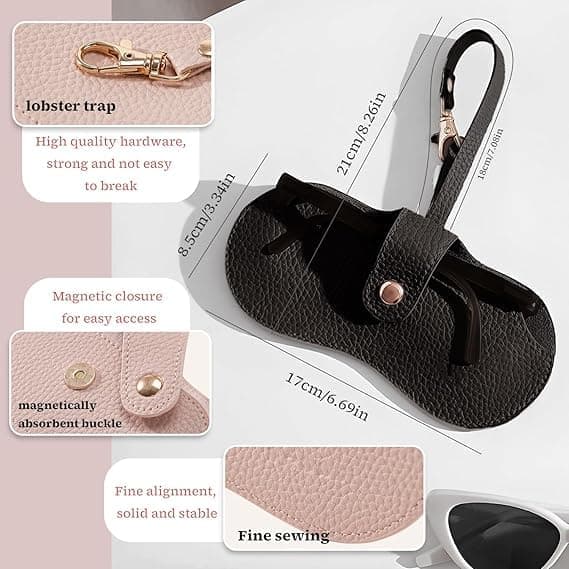 Portable Soft Leather Sunglasses Case with Keychain Hook, Lightweight, Slim, Metal Snap Black