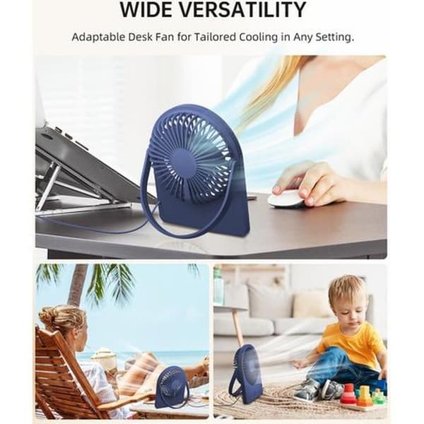 Portable USB Desk Fan with Three Adjustable Speeds. Mini, Foldable and Hangable. Ultra-Quiet. Blue.