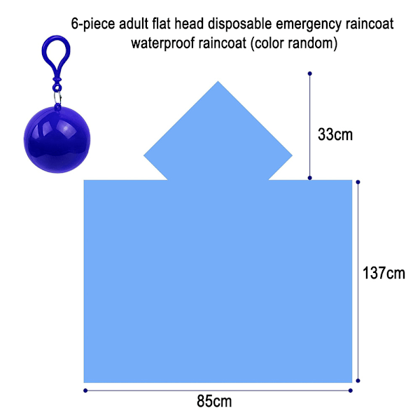Set med 6 engångsregnrockar i plast, regnponcho med huva, vattentät, transparent regnponcho, bärbar nödregnrock, boll för vandring