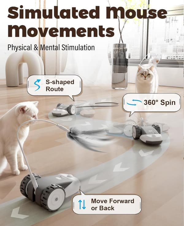 3-in-1 Interactive Cat Toy with 2-Speed Automatic Mouse, Hanging Feather & Silicone Tail - Self-Play Fun for Bored Indoor Cats & Kittens grey