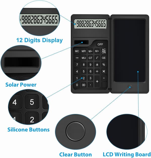 Calculator with Notepad, Solar Powered Desktop Calculator, Solar and Battery Support.
