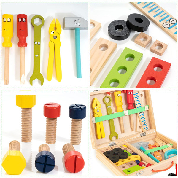 Verktygssats för barn, träverktygssats för småbarn inklusive verktygslåda, Montessori Stem Learning Educational Construction Toys för 3 4 5 6 år gamla pojkar