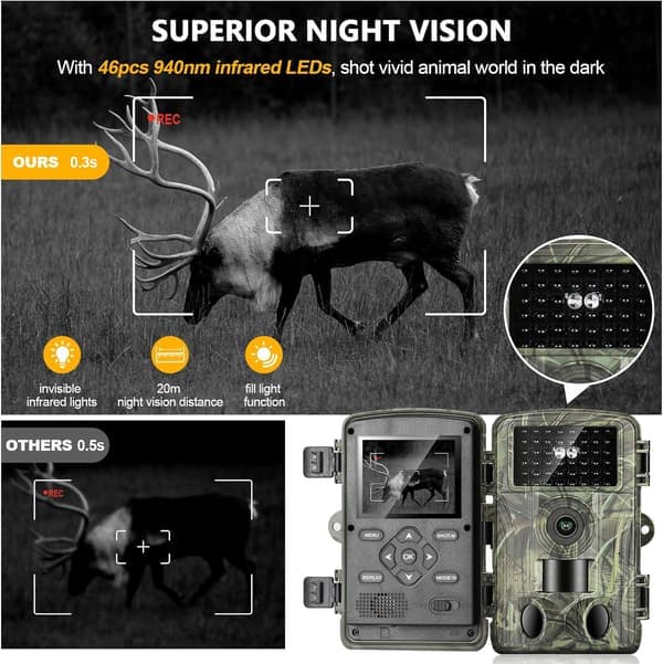 Trail Camera with WiFi 4K Resolution 60MP Resolution 120° Motion Detection for Night Vision IP66 Waterproof and a 2.0-inch HD Screen.