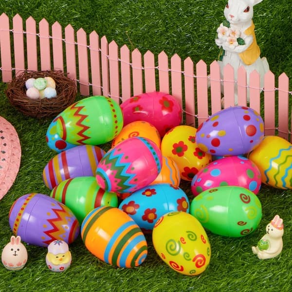 Toy 36 Pcs Plastic Printed Bright Easter Eggs Over 3 Inches Tall Fillable Empty Eggs in Bulk for Easter Hunt, Basket Stuffers, Classroom Prize