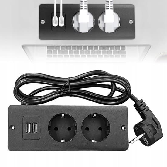 4-in-1 Power Strip - Black - 2 Power Outlets, 2 USB A Ports - 1.5m Cable - Durable with Multiple Safety Features - Hidden Mounting Design