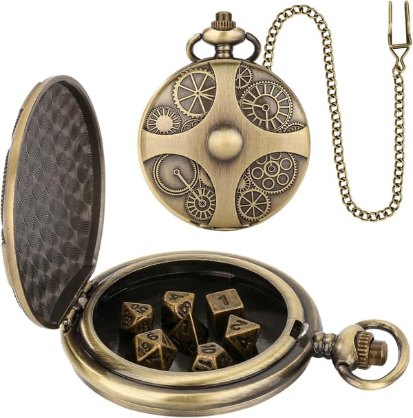 Mini D&D Dice Set with Bronze Steampunk Gear Pocket Watch Case, 7 Pcs Polyhedral Metal D&D Dice Set, Role Playing Game Accessories