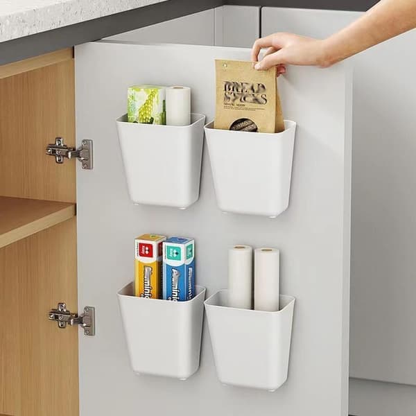 Four-piece storage boxes for kitchen cabinet doors, self-adhesive wall-mounted storage boxes for wardrobes/bathrooms.