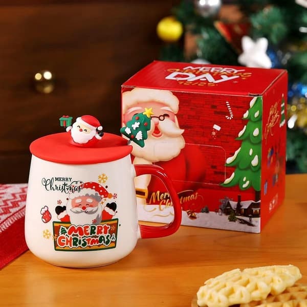 Ceramic Coffee Mugs for Couples with Lid and Spoon Cute Tree Christmas Gift Birthday Present Holiday Themed Mug Creative Home Decor Gift