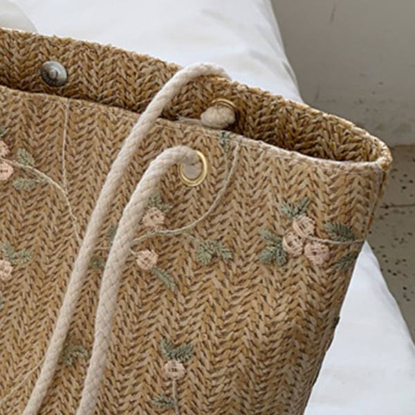 Kvinnor Båge Blomformad Dekor Handväska Uppfriskande Elegant Halmvävd Axelväska, Khaki