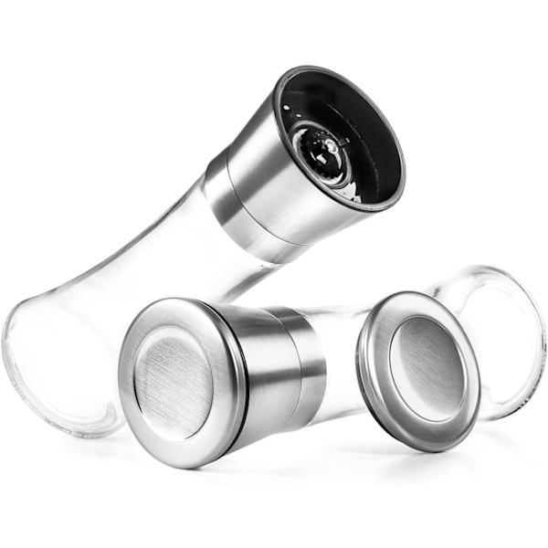 Premium Salt och Pepparkvarn Set om 2- Borstat Rostfritt Stål Pepparkvarn och Saltkvarn, 6 Oz Glas Hög Kropp, 5 Grader Justerbar Keramisk Rotor-