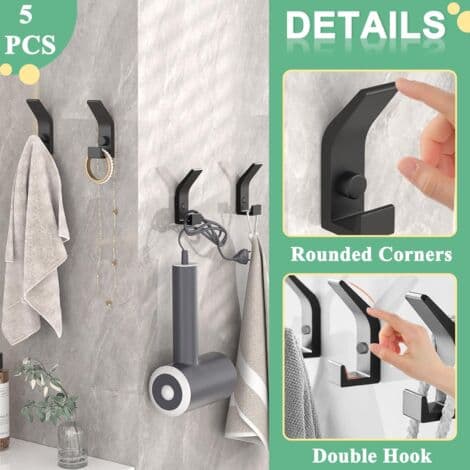 Wall Hooks, 5 Pieces Wall Mounted Coat Rack, Practical Wall Hooks with Screws, Double Hook Metal Coat Hanger for Bathroom, Bedroom, Wardrobe (Black)