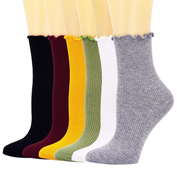 Damstrumpor. Volang Turn-Cuff Casual Ankle Socks Andas Cool Knit Cotton Lettuce Crew Frilly Sock 3 Pack