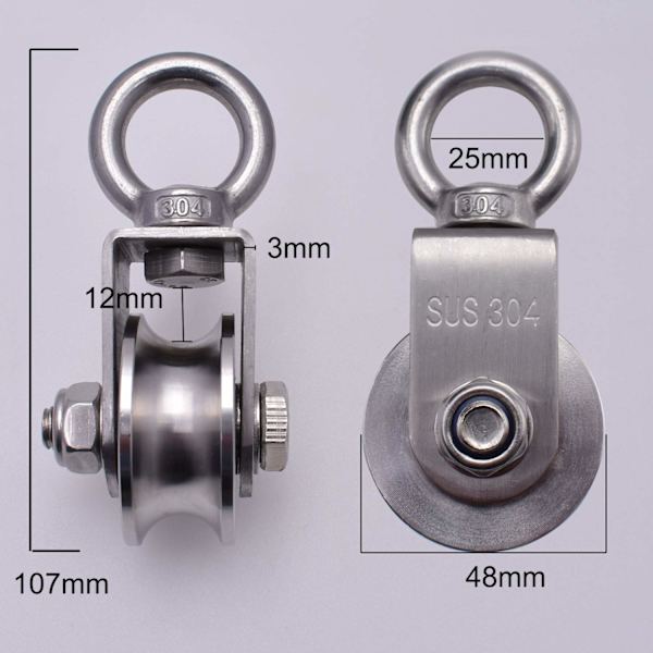Lyftblock 500 kg med 2 kullager, block för kabel, 48 mm block i rostfritt stål 304