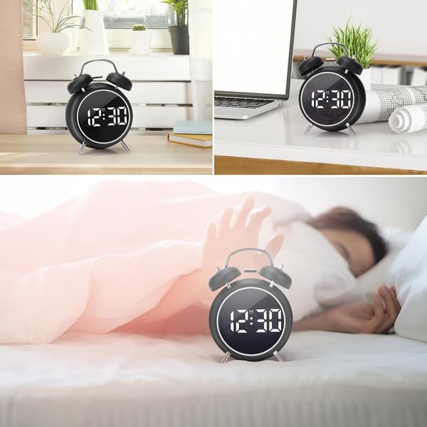 Digital Small Alarm Clock, 4.5 Inch Dual Bell Electronic LED Alarm Clock, Plug-in or Battery Powered Silent Metal Desk Clock.