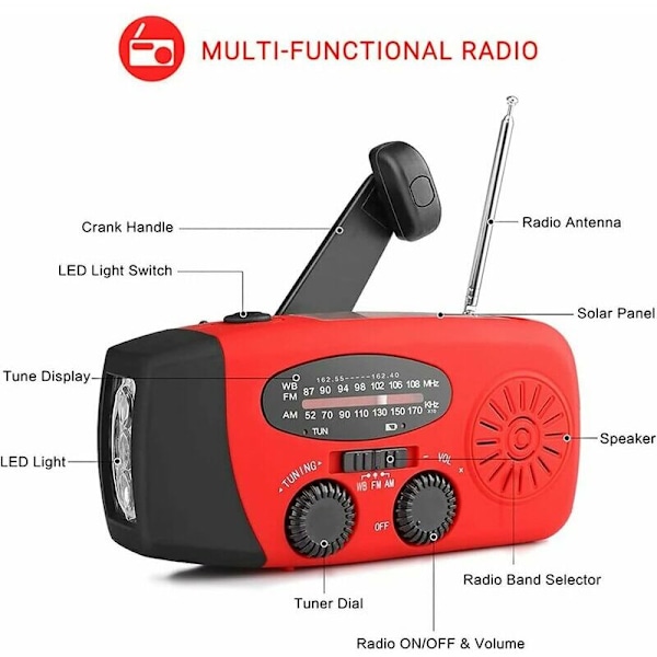 Nödradio med solceller, självdriven vevradio med LED-ficklampa, AM/FM/WB väderradio med 2000 mAh uppladdningsbart batteri för smartphone