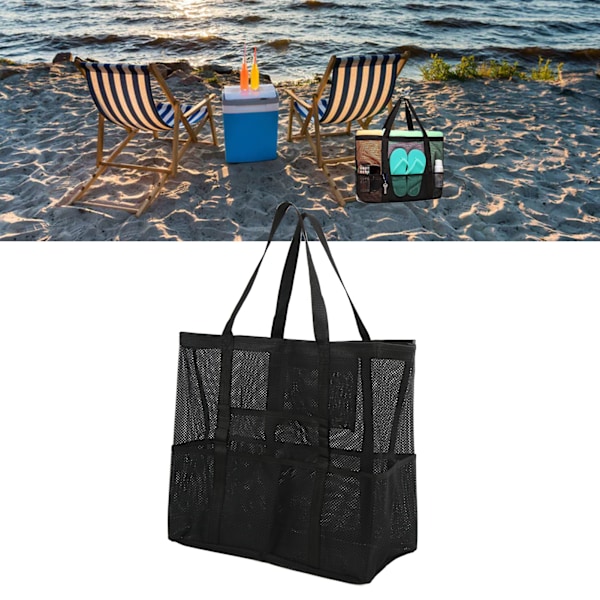 Strandväska Stor Kapacitet Snabbtorkande Mjuk Fällbar Flera Fack Svart Axel Mesh Poolväska för Resor