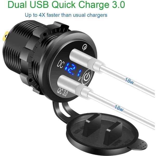 Quick Charge 3.0 Dobbelt Oplader med LED Voltmeter til Bil, Båd, Lastbil, Golfvogn, Autocamper osv.