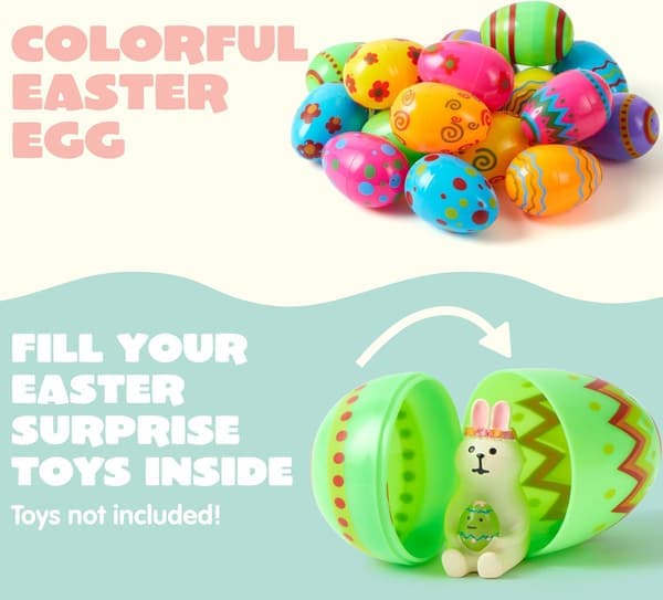Toy 36 Pcs Plastic Printed Bright Easter Eggs Over 3 Inches Tall Fillable Empty Eggs in Bulk for Easter Hunt, Basket Stuffers, Classroom Prize
