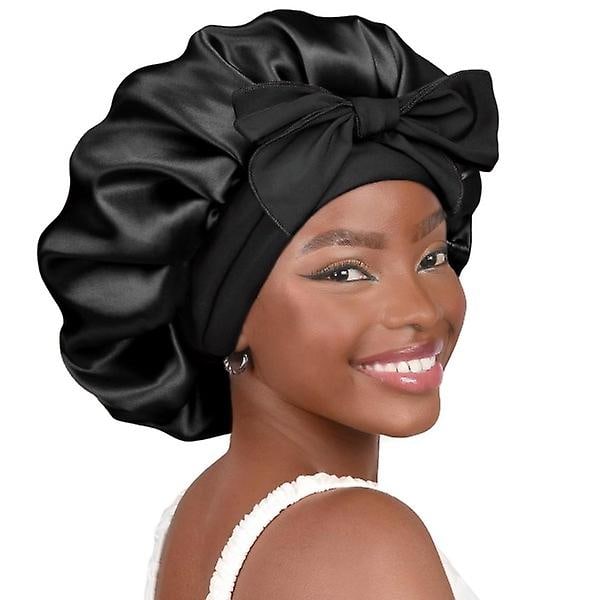 Satinmössa Silkesmössa för sömn Dubbelskiktad Satin Fodrad Hår Mössa Med Slips Bonnets För Kvinnor Naturligt Lockigt Hår Svart black black