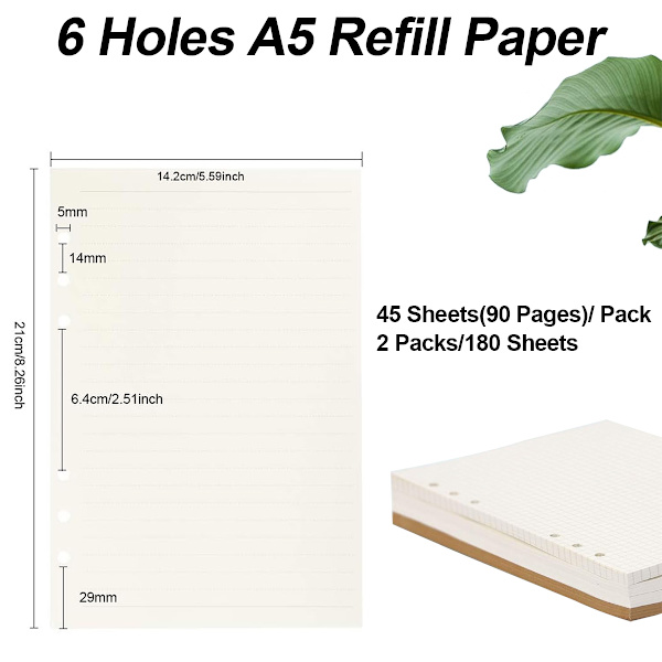 A5-påfyllningspapper, 2 förpackningar linjerat papper + tomt papper, 6 hål pärm insatser papper planerbar påfyllningsbart papper