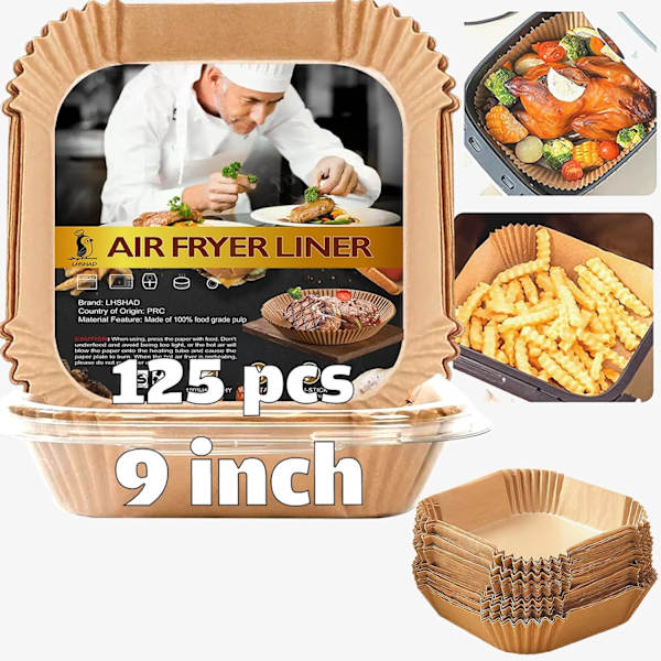 Air Fryer Engångspapper Liner Square 9 Tum, 125 st Stora Kvadratiska Air Fryer Pappersfoder för 6-10QT Air Fryer