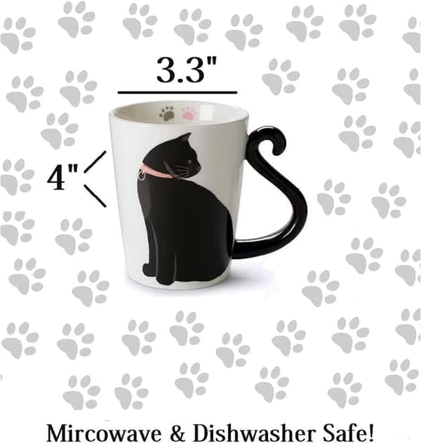 Black Cat Ceramic White Coffee or Tea Cup. Animal Shaped Mug with Hand-Printed Pattern