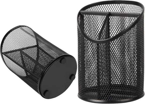 2-delt rund blyantholder i netting for skrivebord med 3 rom, svart