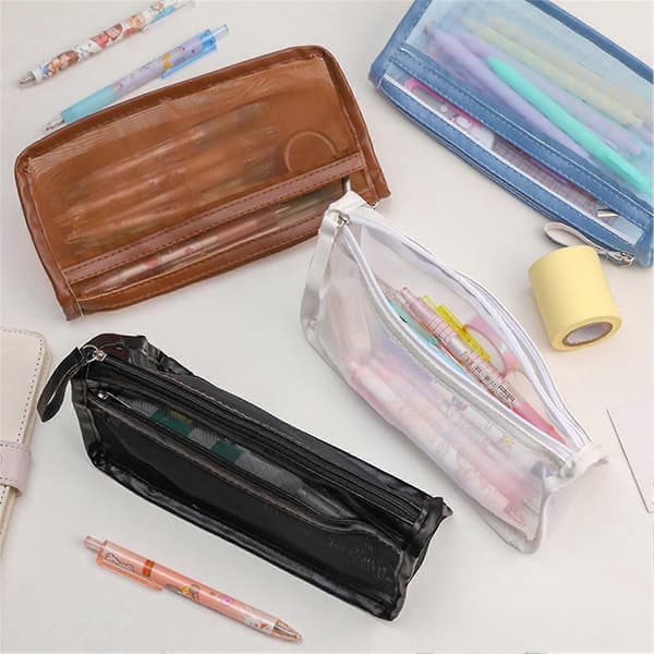 Pencil Case Transparent Large Capacity Mesh Double Layer Pen Pouch School Supplies Blue