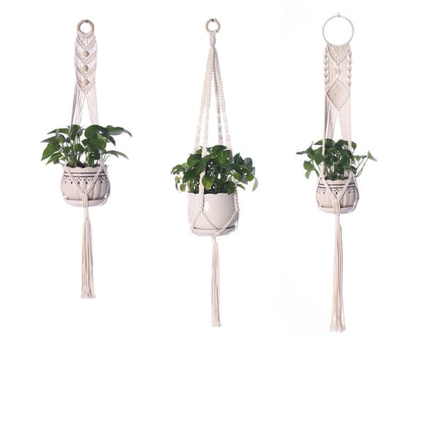 3-pack Boho Blomampel, Makramé Växthängare i Bomullsrep med Träpärlor, Hängande Krukhållare 80/105/107 cm