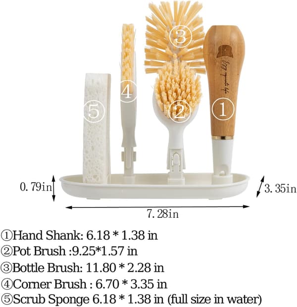 4-in-1 Kitchen Sink Brush Set, Bamboo Handle Grout Brush with Storage Holder, Replaceable Brush Heads and Cleaning Tools for Bottles, Dishes