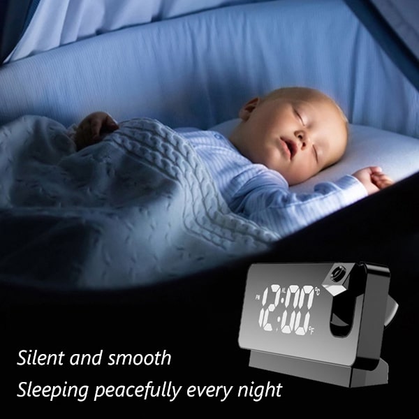 Projektionsväckarklocka för sovrum, digital väckarklocka, radiodimmer och USB-laddningsport, 180° roterande projektor, dubbel väckarklocka, snooze