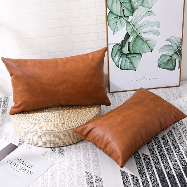 Faux läder lantlig kuddfodral 12x20 tum, modernt lantligt dekorativt kuddfodral för sovrum vardagsrum soffa brun accent