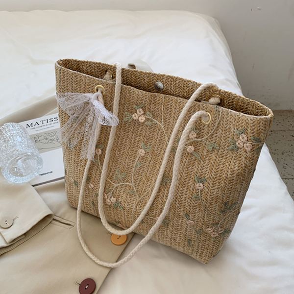 Kvinnor Båge Blomformad Dekor Handväska Uppfriskande Elegant Halmvävd Axelväska, Khaki