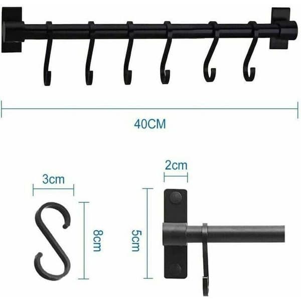 Utensil Holder, 40CM Kitchen Shelf with 6 Removable Hooks (Black)