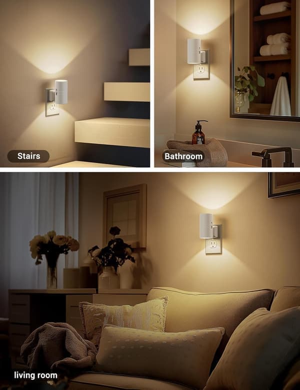 Wall-mounted adjustable night light with light sensor warm white 3000K brightness adjustable from 0-100 lumens two-pack.