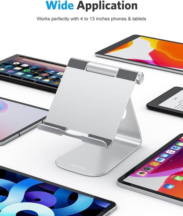 1 justerbart tabletstativ, skrivebordsdock i aluminium til iPad Pro 11/12.9/13, iPad Air/Mini, Samsung Tab og mere (op til 13 tommer), sølv
