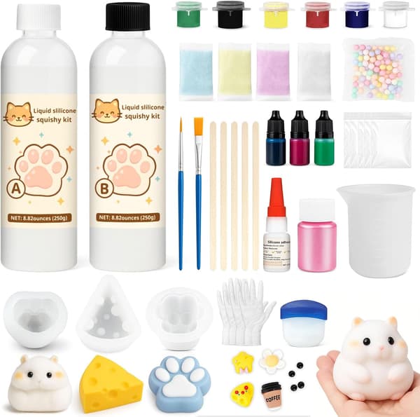 1DFAUL Liquid Silicone Squishy Making Kit, 500g Squishy Gel Create Your Own Squishies, No Bubbles & Fast Curing, with Hamster, Cat Paw, Cheese