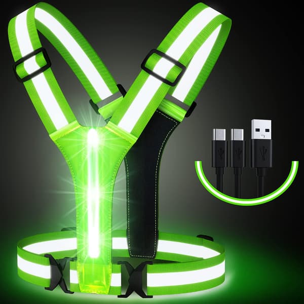 LED reflexväst, USB-uppladdningsbar, justerbar midja/axel - Grön Green