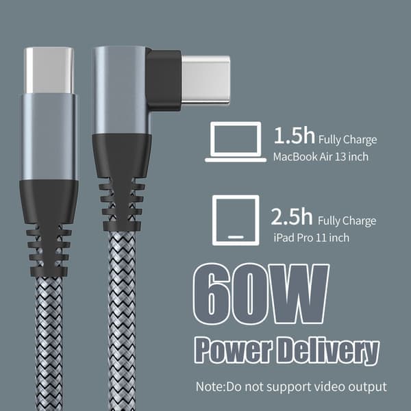 USB-C-kabel med vinklad kontakt 60 W snabbladdare Grå 3 m